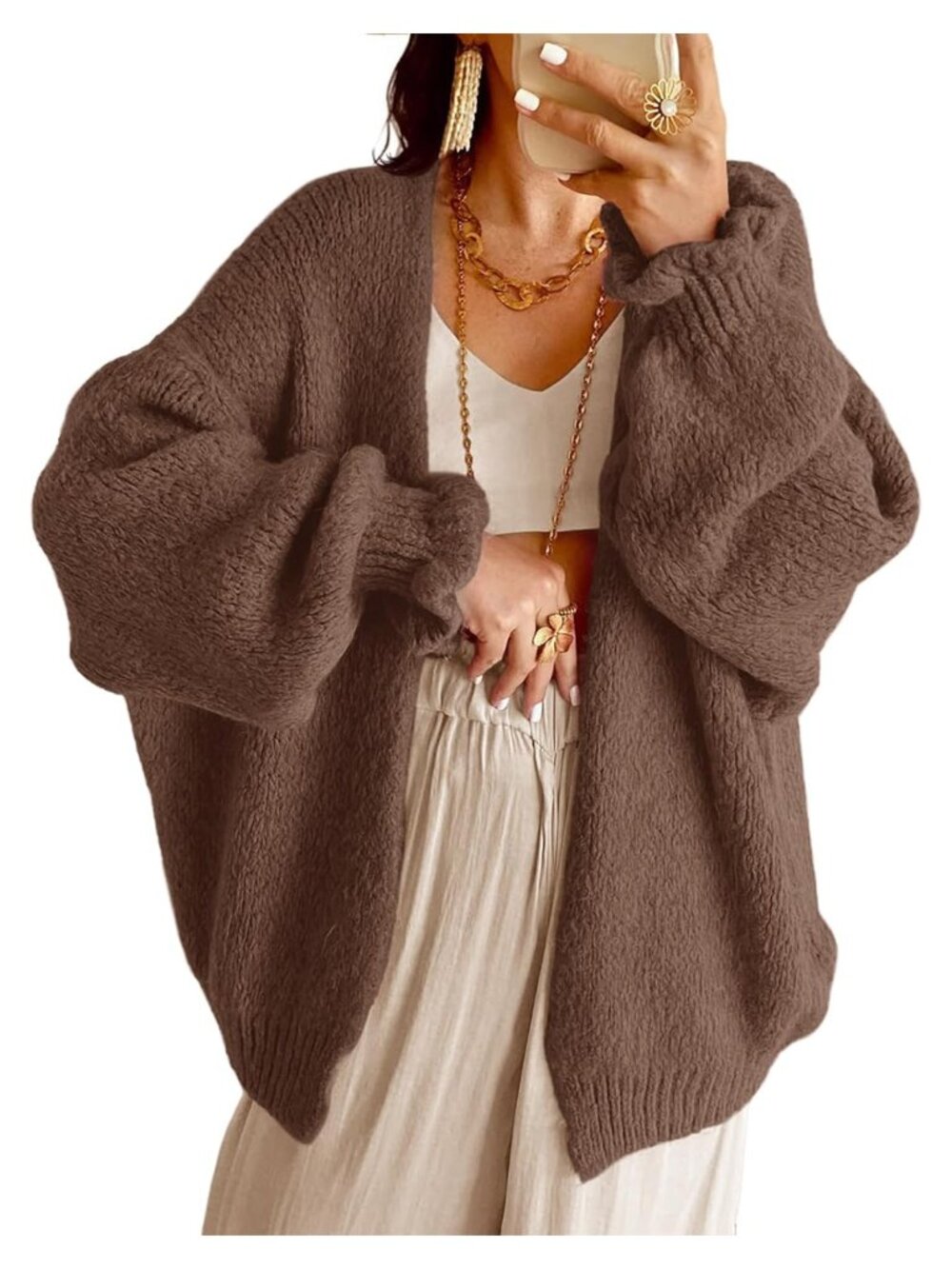 Oversized Chunky Cardigan Ruffle Lantern Sleeve Open Front Knit Sweater
